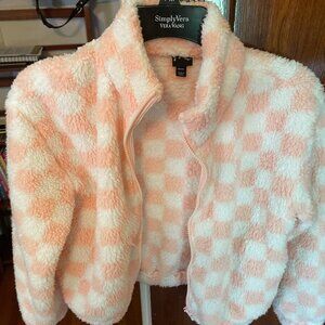 Girls pink and white fleece jacket, art class size 7/8